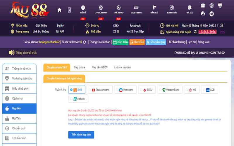 Cách nạp tiền Mu88